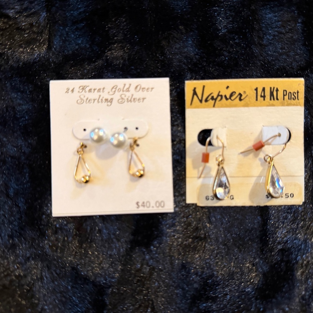 Napier 14K Post pierced Gold & 24K Sterling Silver & Faux Pearl Earrings - Picture 2 of 3